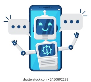 Teléfono inteligente con chat bot habla en burbuja en la pantalla. Robot con ventana de voz. Saludos de bot. Bot de Asistencia en línea. Inteligencia Artificial, Asistente de Asistencia del Servicio de Ayuda de AI. Ilustración vectorial plana