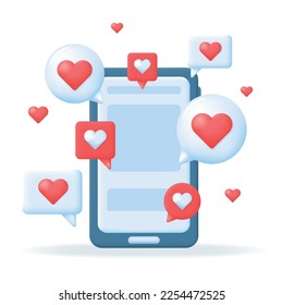 Smartphone y burbuja de chat con íconos del corazón. Mensajes de amor, como notificación, concepto de comunicación de cliente de red. 3d Concepto de reacción post en medios sociales. Ilustración vectorial.