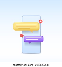 Smartphone with chat bubble talk icons and notification on blue background. Like button and message notification. Vector illustration.