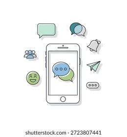 Smartphone con burbujas de chat y emojis