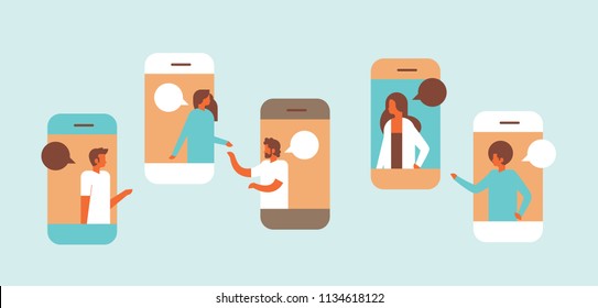 smartphone chat bubbles mobile application communicating speech dialogue man woman character background portrait horizontal flat vector illustration