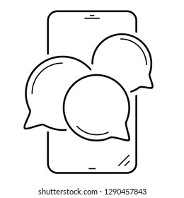 Smartphone with chat bubbles. Team messaging and group chat application.  Vector outline icon isolated on white background.