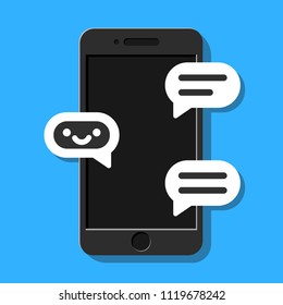 Smartphone with chat and chatbot on screen in flat style blue background