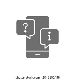 Smartphone with chat cloud, faq and answers grey icon.