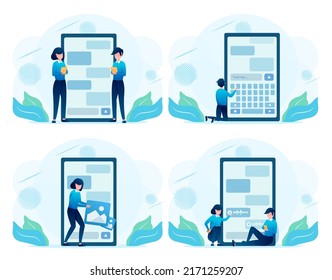 Smartphone chat communication between a girl and a man. Smartphone apps flat icon design. Connected on mobile device infographics.