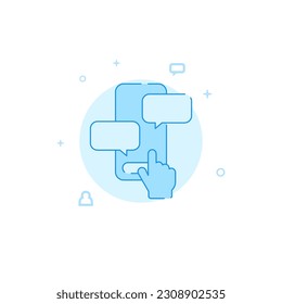 Smartphone chat and hand tap vector icon. Flat illustration. Filled line style. Blue monochrome design. Editable stroke. Adjust line weight.