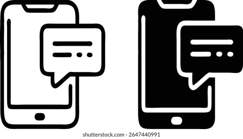 Smartphone-Chat-Symbolsatz - Vektorgrafik mit schwarz-weißem Mobilnachrichtensymbol