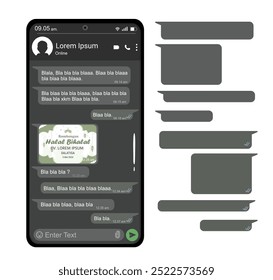 Ilustración de interfaz de chat de teléfono inteligente con burbujas de texto en blanco y contenido de marcador de posición. Ideal para maquetas de UI o UX, diseños de App de comunicación o proyectos y tutoriales relacionados con la mensajería digital