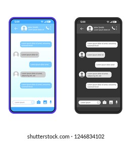 Smartphone chat interface vector template. Mobile app interface design layout. SMS messenger screen. Flat UI for message application. Dialog, conversation. Phone display with speech bubbles