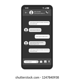 Smartphone chat interface vector template. Mobile app interface design layout. SMS messenger screen. Flat UI for message application. Dialog, conversation. Phone display with speech bubbles