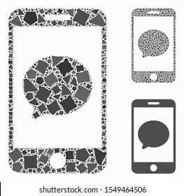 Smartphone chat message composition of tuberous pieces in variable sizes and color hues, based on smartphone chat message icon. Vector uneven pieces are organized into composition.
