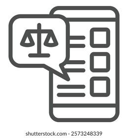 Smartphone chat message with libra scales line icon, jurisprudence concept. Vector graphics. Phone weight scales bubble sign on white background, outline style icon for mobile or web design