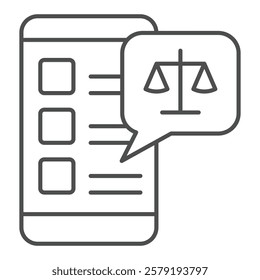 Smartphone chat message with libra scales thin line icon, jurisprudence concept. Vector graphics. Phone weight scales bubble sign on white background, outline style icon for mobile or web design