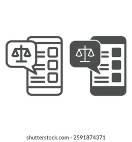 Smartphone chat message with libra scales line and solid icon, jurisprudence concept. Vector graphics. Phone weight scales bubble sign on white background, outline style icon for mobile or web design