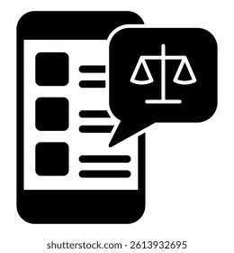Smartphone chat message with libra scales solid icon, jurisprudence concept. Vector graphics. Phone weight scales bubble sign on white background, glyph style mobile or design