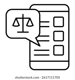 Smartphone chat message with libra scales thin line icon, jurisprudence concept. Vector graphics. Phone weight scales bubble sign on white background, linear style for mobile or design