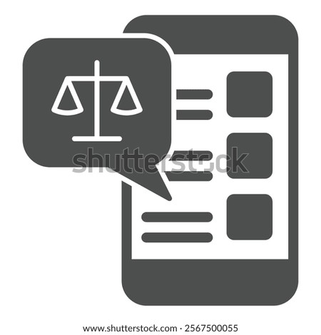 Smartphone chat message with libra scales solid icon, jurisprudence concept. Vector graphics. Phone weight scales bubble sign on white background, glyph style icon for mobile or web design