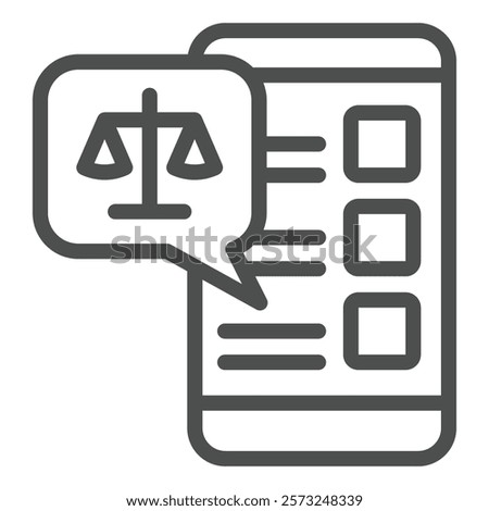 Smartphone chat message with libra scales line icon, jurisprudence concept. Vector graphics. Phone weight scales bubble sign on white background, outline style icon for mobile or web design