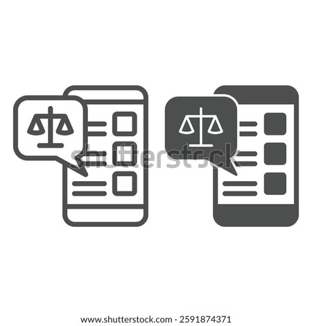 Smartphone chat message with libra scales line and solid icon, jurisprudence concept. Vector graphics. Phone weight scales bubble sign on white background, outline style icon for mobile or web design