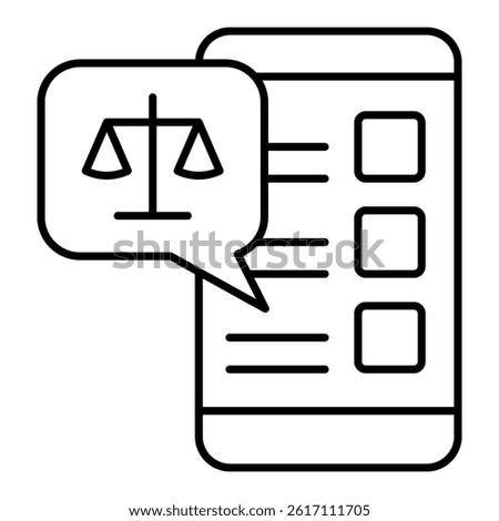 Smartphone chat message with libra scales thin line icon, jurisprudence concept. Vector graphics. Phone weight scales bubble sign on white background, linear style for mobile or design