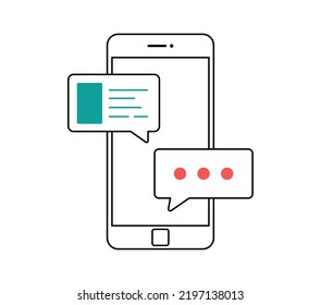 Notificaciones de mensajes de chat de Smartphone Icono ilustración vectorial aislada, línea contorno de teléfono móvil arte y charlas de burbujas, concepto de telefonía celular hablando en línea, hablar, conversación, diálogo.