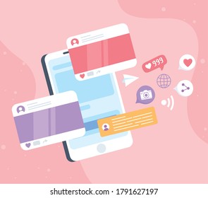 smartphone chat message sms camera share follow, social network communication system and technologies vector illustration