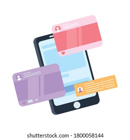 mensaje de chat de smartphone sms cámara share seguir, sistema de comunicación de redes sociales y tecnologías ilustración vectorial