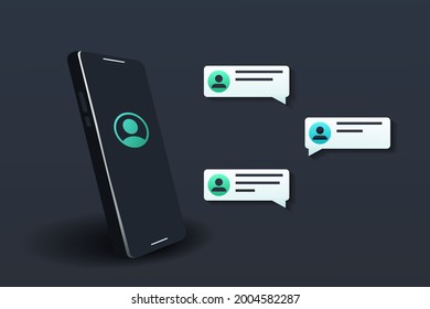 Smartphone with chat messages notification and text preview. Messages bubbles with user profile. Online talking, speak, conversation, dialog concept.  Illustration vector