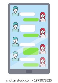 smartphone Chat messages, Sms on mobile phone screen. Man, woman couple chatting, Messaging using chat app on social network. Two persons, cellphone conversation sending messages. vector illustration.