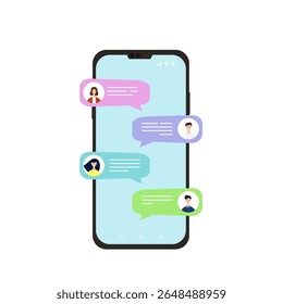 Smartphone with chat messages. Speech bubbles. Messaging between people. Mobile phone. Flat style vector illustration. 