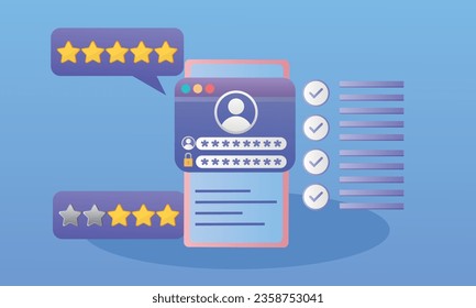 Smartphone with chat and review concept.on blue background.Vector Design Illustration.