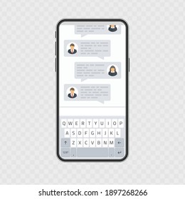 Smartphone con aplicación de pantalla de chat, plantilla de mensajería. Conversando con chatbot en el teléfono móvil, conversación en línea con mensajes de texto. Ilustración del vector EPS 10.