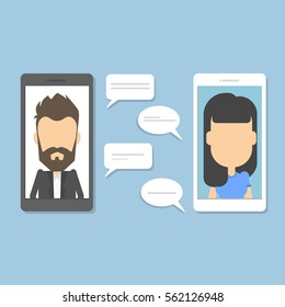 Smartphone Chatting Concept. Illustration Of People On The Screen Sending Messages. Bubble Speech Text.