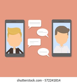 Smartphone chatting concept. Illustration of people on the screen sending messages. Bubble speech text. Two men.