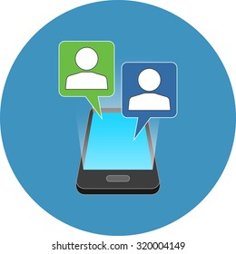 Smartphone chatting concept. Isometric design. Icon in blue circle on white background.