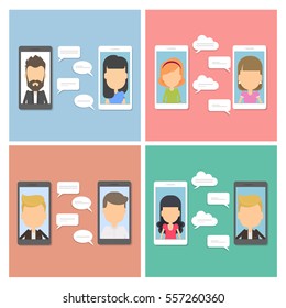 Smartphone Chatting Concept Set. Pictures With People On The Screen Sending Messages. Bubble Speech Text.