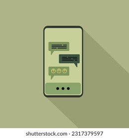 Smartphone with chatting icon in flat style on green background. Vector illustration