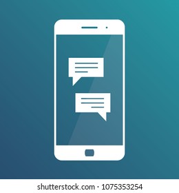 Smartphone with chatting screen. Messenger application. Text messaging flat design concept. Isolated icon on gradient blue background