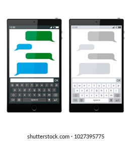 Smartphone chatting sms app template bubbles, black and white theme. Place your own text to the message clouds.