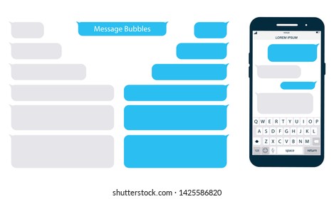 Smartphone, chatting sms app template bubbles. Place your own text to the message clouds. Social network messenger page template. Chat app template with mobile keyboard. Message Flat Bubbles