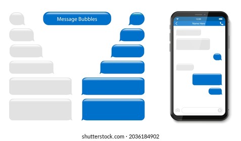 Smartphone, chatting sms app template bubbles. Place your own text to the message clouds. Social network messenger page template. Chat app template with mobile keyboard. Message Flat Bubbles
