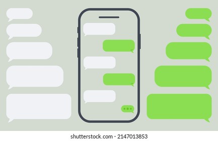 Smartphone chatting sms blank. Set with green chat on smartphone. Dialog with speech bubble. Message interface template.