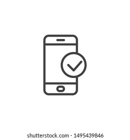 Smartphone Check Line Icon. Linear Style Sign For Mobile Concept And Web Design. Phone Check Mark Outline Vector Icon. Symbol, Logo Illustration. Vector Graphics