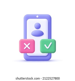 Smartphone With Check Mark And Cross Mark. Dating, Recruitment, Survey, Choice, Online Test, Internet Quiz, Yes And No, Voting Concept. 3d Vector Icon. Cartoon Minimal Style.