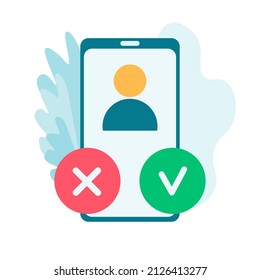 Smartphone with check mark and cross mark. Dating, recruitment, survey, choice, online test, internet quiz, yes and no, voting concept. Vector icon. Cartoon minimal style.