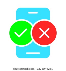 Smartphone mit Häkchen und Strichsymbol. Gadget, Telefon, Anwendungen, Internet, Technologie, Kommunikation. Vektorfarbsymbol auf weißem Hintergrund für Wirtschaft und Werbung.