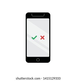 Smartphone with check mark icons. Yes tick and No cross on the screen. Mobile phone with checkmarks.