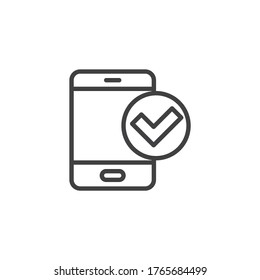 Icono de línea de marca de verificación de Smartphone. Signo de estilo lineal de confirmación de teléfono para concepto móvil y diseño web. Icono de vector de contorno verificado por Smartphone. Símbolo, ilustración del logotipo. Gráficos vectoriales
