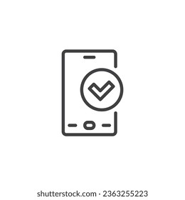 Smartphone check mark line icon. linear style sign for mobile concept and web design. Verified cellphone outline vector icon. Symbol, logo illustration. Vector graphics