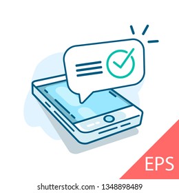 Smartphone with check mark. Mobile phone, approved tick notification. Successful update check mark, accepted, complete action on cell phone. Vector modern line design illustration icon 